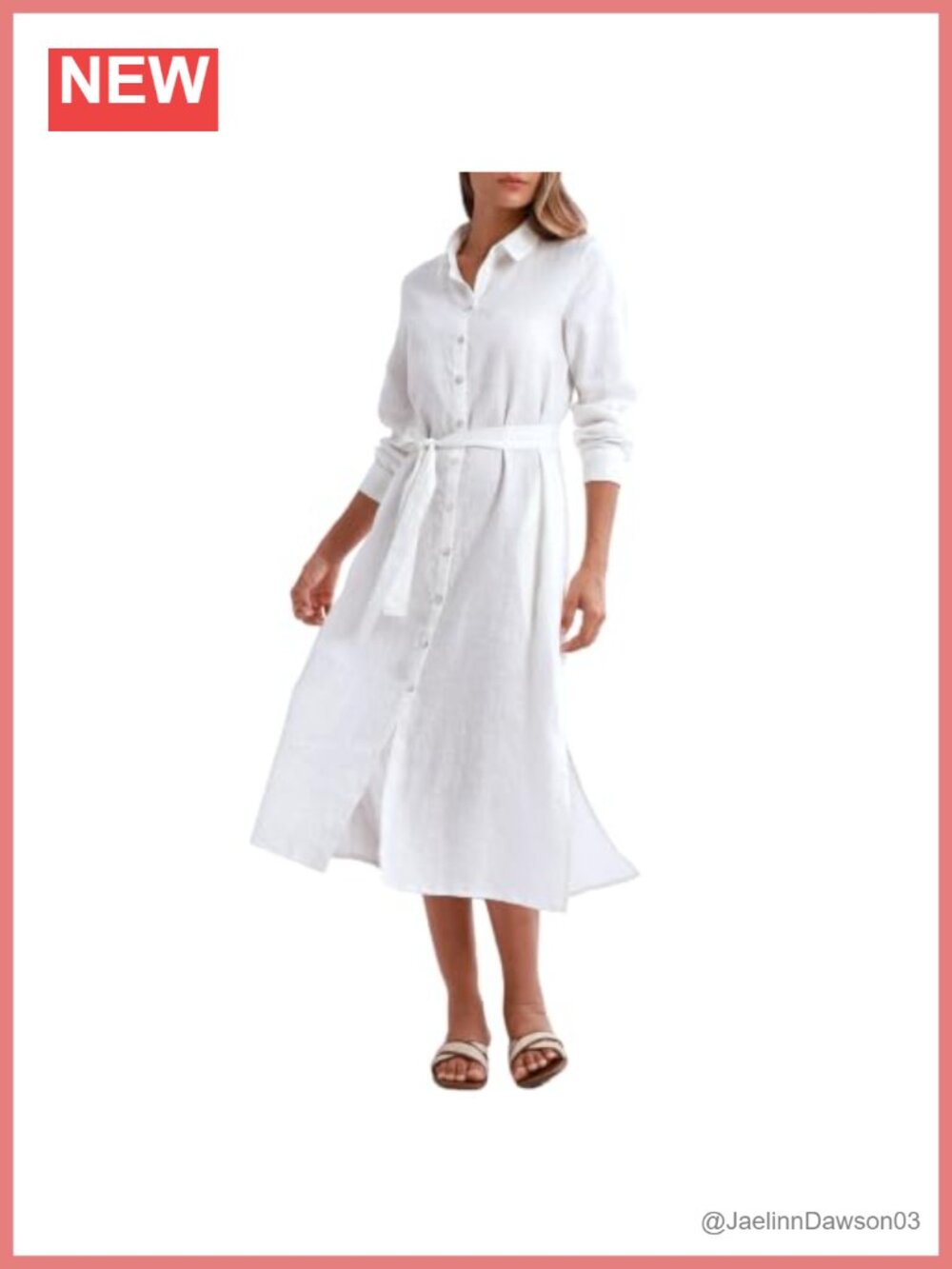 Amazhiyu Pure Linen Long Sleeve Button Down Split Midi Dress
